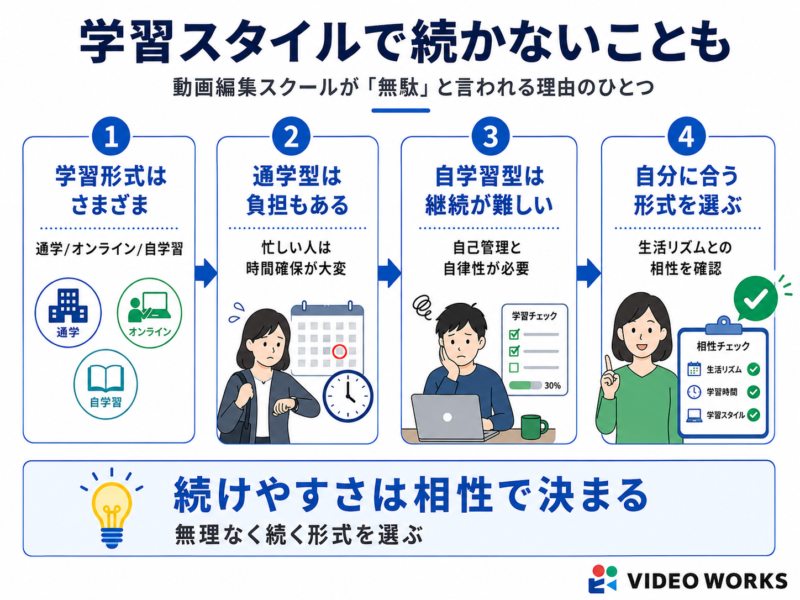 動画編集スクールが無駄と言われる理由_スクールの学習スタイルによっては続かないことがある
